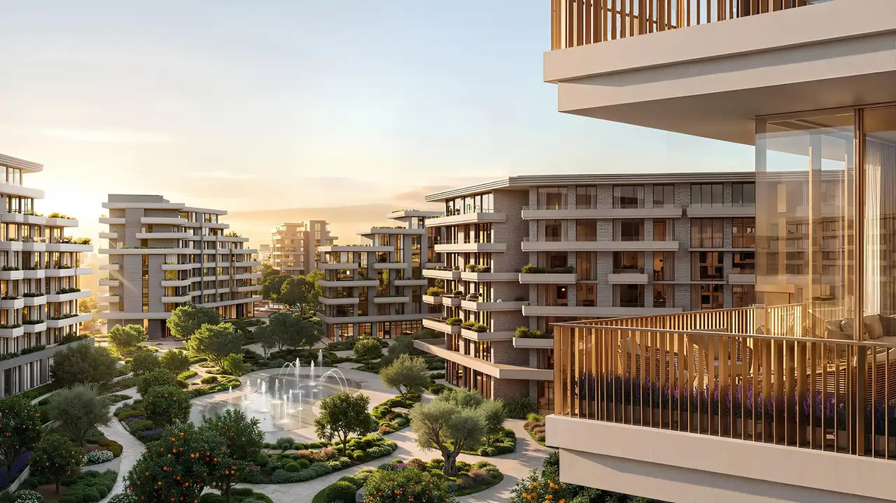 The Yards by BEYOND — residences around the central garden courtyard with fountains, City of Arabia, Dubai
