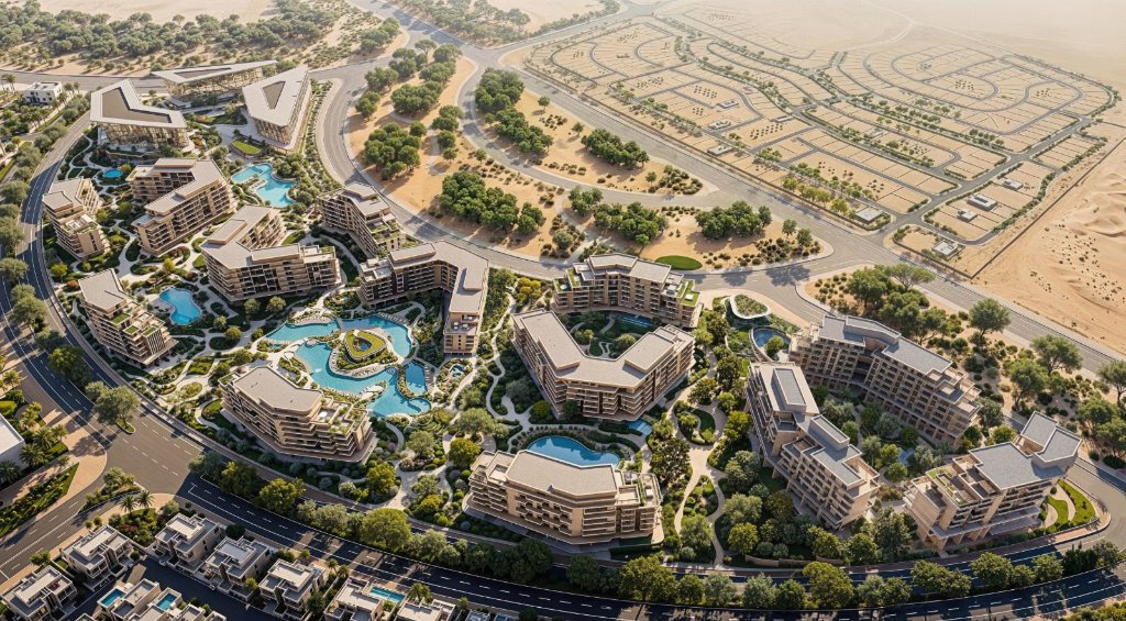 Aerial view of The Yards by BEYOND masterplan in City of Arabia, Dubai